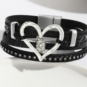 2/$40 Silver Heart Black Layered Gift Holiday‎ Bracelet-(#0274)